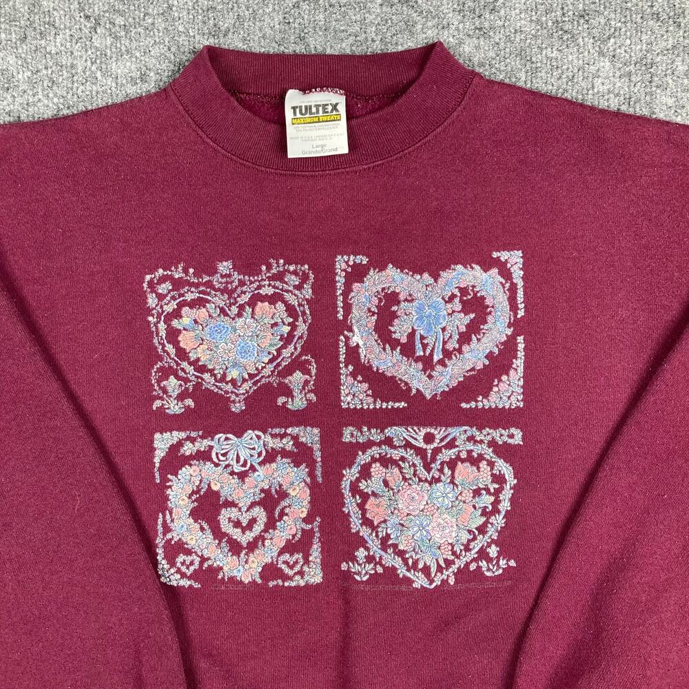 Tultex Sweatshirt Womens Size L Maroon Heart Floral Graphic Vintage Crewneck